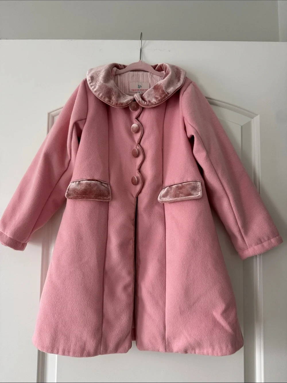 Girls' Pink Velvet-Trim Pea Coat - Classic A-Line
